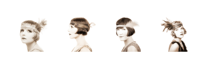 Vintage Flapper Fashion Portraits Set. Roaring Twenties Glamour Collection Isolated On Transparent Background