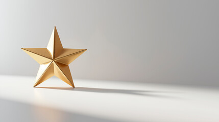 Fototapeta premium Single golden star resting on a smooth white surface with soft shadows