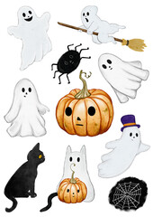 Cute Halloween Clipart Set. Watercolor Collection with Ghost, Black cat.