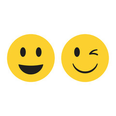 Fototapeta premium Two yellow smiley faces, one winking, against a white background.