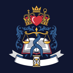 A symbolic coat of arms featuring scales of justice, royal crowns, a heart, and an open book.