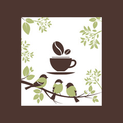 Three cute birds perched on a branch near a coffee cup