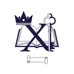 Emblem with Open Book, Crown, Key, Scroll and Letter X in Blue