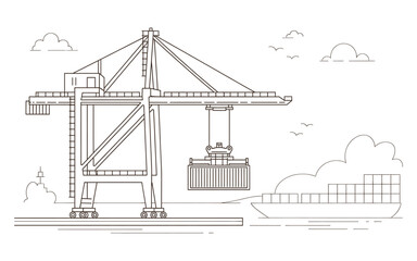 Fototapeta premium Port Crane Lifting Container on Ship Line Art vector