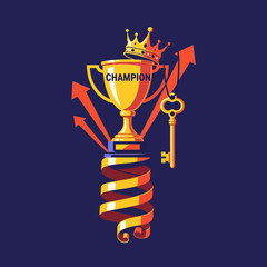 Bright Golden Champion Trophy with Crown, Key, and Dynamic Upward Arrows on Spiraling Ribbon Base