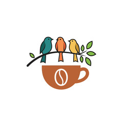 Colorful Bird Trio Perched on Branch Above Coffee Cup Logo Design