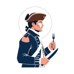 Hungry patriot soldier in a blue uniform and tricorn hat, holding a knife and fork, ready to eat.