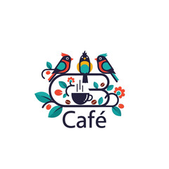 Colorful Cafe Logo Featuring Three Birds, Coffee Cup, and Floral Elements