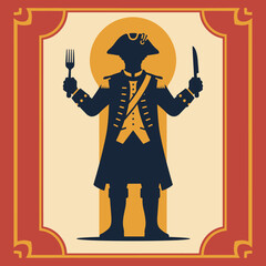 Silhouette of a historical figure in military attire holding cutlery