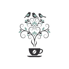 Elegant Coffee Cup with Ornate Floral Swirls, Teal Leaves, and Three Perched Birds Vector