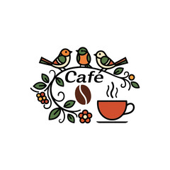 Whimsical Cafe Logo with Birds, Coffee Bean, and Steaming Cup
