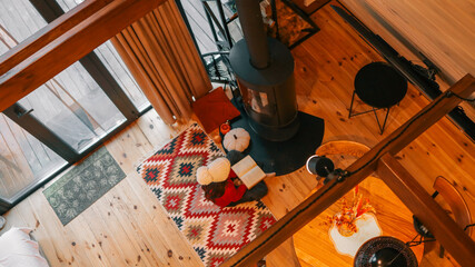 Cozy cabin interior with a fireplace, rug, and reading nook from above