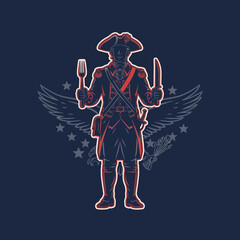 Stylized American Revolutionary Soldier in Tricorn Hat Holding Fork and Knife