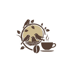 Coffee Shop Logo with Birds Nest, Coffee Bean, and Steaming Cup