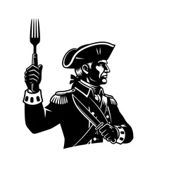 Revolutionary War Soldier Holding Fork and Knife in Black and White