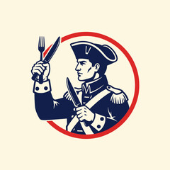 Patriotic Figure Holding Fork and Knife in Navy Blue Uniform