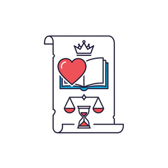 Stylized Scroll with Heart, Crown, Book, and Scales Illustration