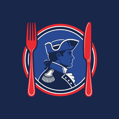 Stylized American Patriot General Profile in Blue Circle Emblem with Red Fork and Knife