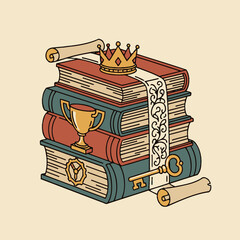 Vintage-style illustration of stacked books with a golden crown, trophy, ornate scroll, and key, symbolizing knowledge and achievement.