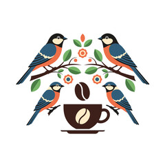 Four colorful birds perched around a coffee cup and beans