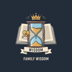 Illustrated Hourglass with Golden Crown, Open Book, Heart Key, and Wisdom Banner