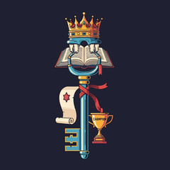 Ornate Key with Crown, Book, Scroll, Ribbon, and Trophy Illustration