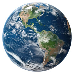 Planet Earth with visible continents, oceans, and swirling cloud formations highlighting North and South America