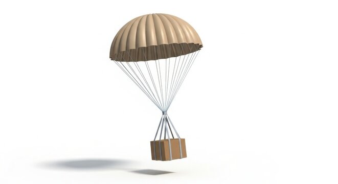 A tan parachute descends with a wooden crate suspended below