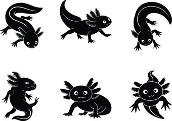 Axolotl silhouette illustrations, aquatic salamander poses, black amphibian icons, stylized animal graphics, biological character design, underwater creature art pack