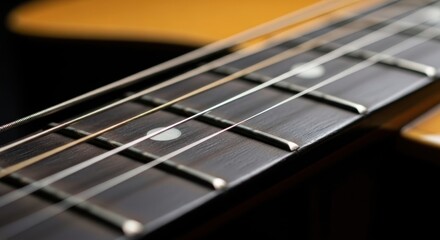 Fototapeta premium Close-up View of Electric Guitar Fretboard and Strings Highlighting Intricate Details of Instrument Craftsmanship and Polished Wood