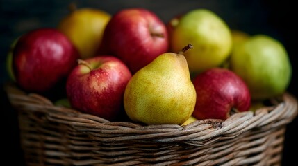 A rustic wicker basket overflows with a colorful assortment of ripe s and pears set against a dark background