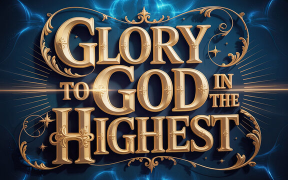 Glory to God in the Highest ornate blue gold 3D typography