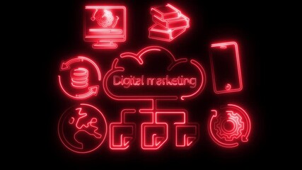Red Neon Digital Marketing Icons and Cloud Symbol on Black Background technology - Powered by Adobe