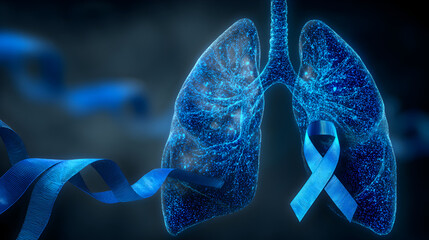 Digital blue lungs with COPD awareness ribbon representing lung disease prevention and respiratory health concept for World COPD Day campaign