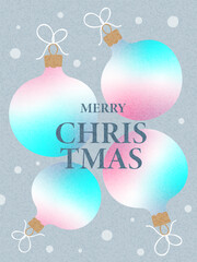 Merry Christmas and greeting card. Modern beautiful Xmas design with typography, gradient, balls, snowflake. Trendy illustration for season banner, poster, cover.