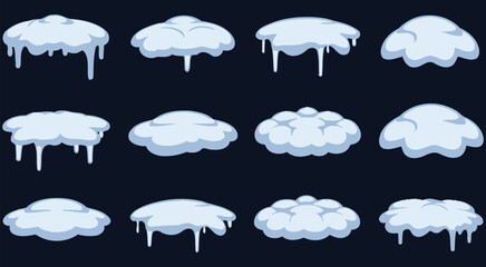 Winter cartoon snow, drifts and icicles illustration, festive decoration vector design, cold season artwork, frozen landscape elements, decorative background,