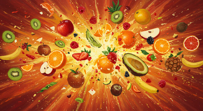 Fruit Explosion Painting - Vibrant Food Still Life - Powered by Adobe