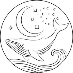Whale and Moon with Stars Line Art | Dreamy Celestial Ocean Illustration | Minimal Luxury Design