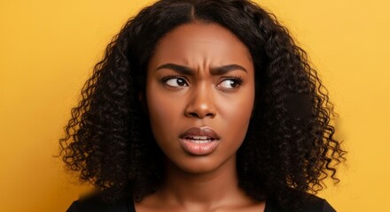 Worried African American Woman with Suspicious Expression on Yellow Background