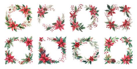 PNG Festive floral wreaths with poinsettias, element set on transparent background