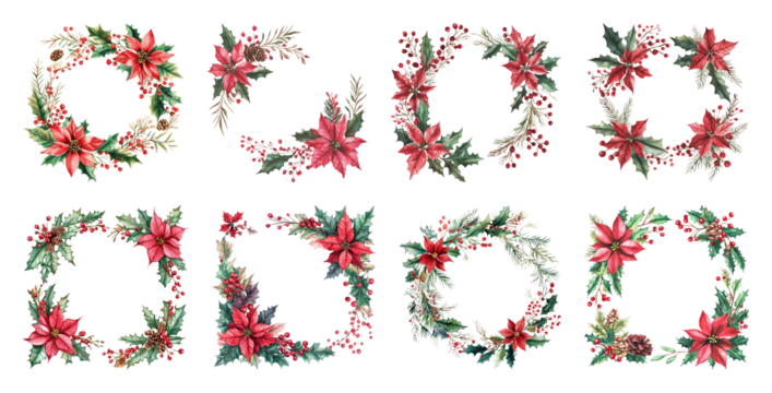 PNG Festive floral wreaths with poinsettias, element set on transparent background