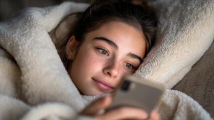 Young woman relaxing at home, wrapped in a cozy blanket while using her phone - Powered by Adobe