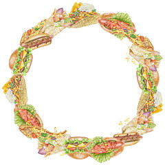 Fast food watercolor illustration of a round frame.  Street food, burgers, pizza and tacos are gathered in a circle composition. For menu design, signage, packaging, and stickers. For restaurants etk