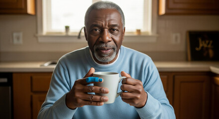 Pensive senior African American man enjoying a quiet morning coffee break at home while looking at the camera