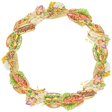 Fast food watercolor illustration of a round frame.  Street food, burgers, pizza and tacos are gathered in a circle composition. For menu design, signage, packaging, and stickers. For restaurants etk