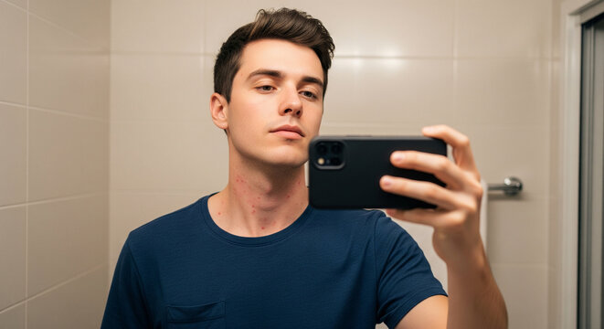 A handsome young Caucasian man in a blue t-shirt taking a selfie in the bathroom mirror with his smartphone