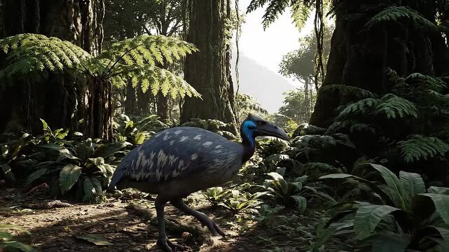 Paleoartistic 3D rendering about dodo bird in its natural prehistoric habitat
