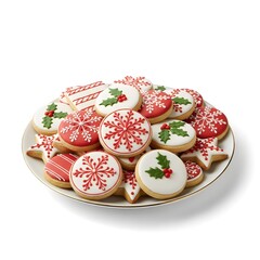 Assorted decorated sugar cookies with christmas tree and snowflake icing in red bowl