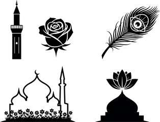 Collection of islamic and floral silhouettes including mosque minaret rose lotus flower and peacock feather