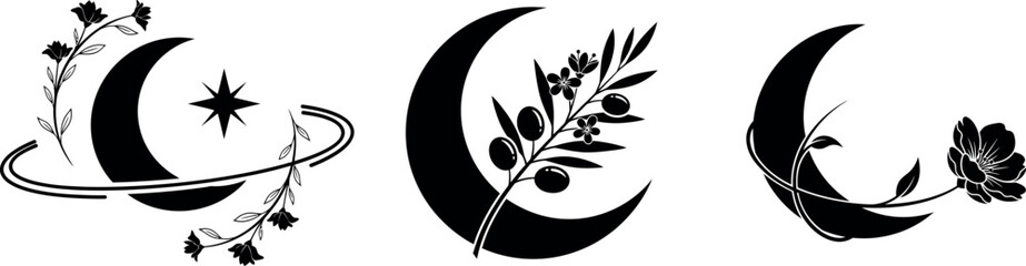 Three stylized crescent moons with celestial and botanical elements in a minimalist black and white design